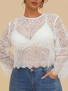SHEIN VCAY Plus Size White Summer Boho Tea Party Mesh Embroidered Round Neck Long Sleeve Cropped Women Top Lace Blouse Sheer Civil Wedding Vacay Tops - White - View 2