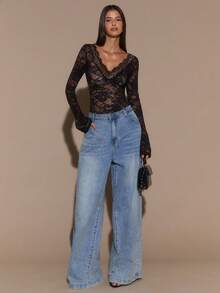 SHEIN BAE Women's Solid Black Long Sleeve Top, Sexy Deep V-Neck Lace Flare Sleeve Sheer Minimalist Elegant Romantic Blouse, Suitable For Layering, Romantic Dates, Parties In Autumn/Winter - Black - View 3