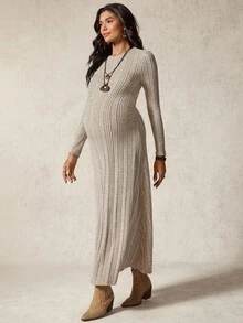 Boho Mama 孕妇纯色圆领长袖罗纹休闲连衣裙 - 卡其色 - 查看 4