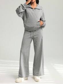 Modelyn 2 件套女士秋冬运动半拉链领运动衫和休闲宽松裤套装 - 深灰色 - 查看 4