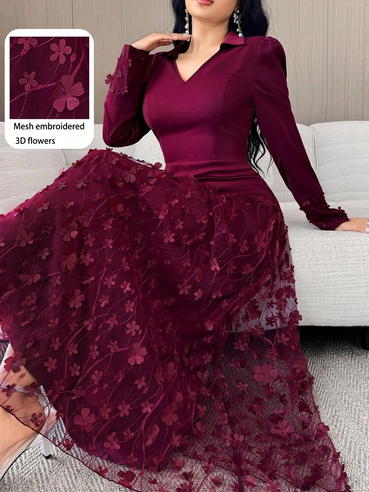 Feyla Vestido Elegante Feminino de Tule com Aplicação Floral 3D e Recortes - Vinho - Visão 2