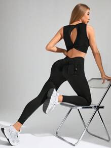 Activina Quần legging thể thao cạp cao không đối xứng màu trơn dành cho nữ tập yoga - màu đen - Xem 5