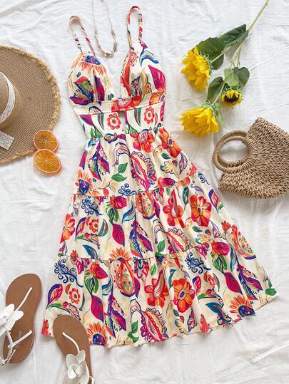 Soleia Women's Vacation Spaghetti Strap V-Neck Hollow A-Line Backless Colorful Floral Mini Dress, Suitable For Party, Christmas, Date, Nightclub, Beach, Cruise, Afternoon Tea, Bohemian, Boho, Vacation, Fall Women Clothes, Vintage Summer Vacation Dress Women Vacation Dress