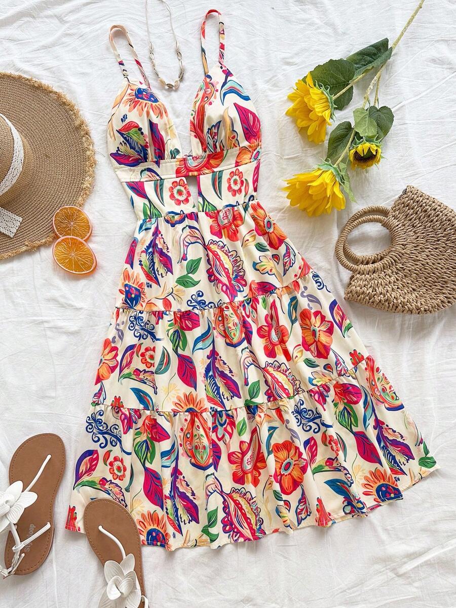 Soleia 女士度假细肩带 V 领镂空 A 字形露背彩色花卉迷你连衣裙，适合派对、圣诞节、约会、夜总会、海滩、游轮、下午茶、波西米亚风、波西米亚风、度假、秋季女装、复古 - 彩色 - 查看 1