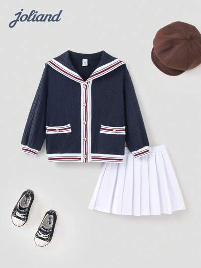 Joliand 2pcs Young Girl Elegant Urban School Red, Blue & White Classic Striped Decor Sailor Collar Cardigan Shirt Top And White Pleated Mini Skirt Set, Suitable For Party, Outings, Daily Wear, Back To School, Summer, Autumn