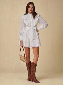 Enchnt 女士优雅纯色镂空刺绣荷叶边下摆度假连衣裙 - 白色 - 查看 4