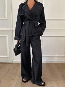 Livesso Women's Lapel Jacket And Loose Fit Jeans Set - Blue - View 5