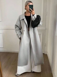 Livesso 女士时尚简约腰带长款风衣女式夹克，秋季女装 - 灰色 - 查看 8