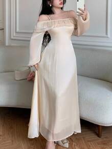 Modelyn Women's Glossy Fabric Double-Layer Asymmetric Neck Long Sleeve Dress, Autumn