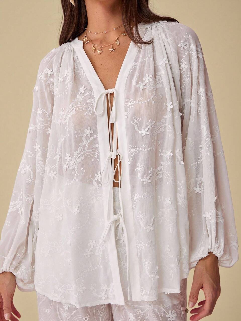 Enchnt Women's White Floral Embroidery Front Tie Raglan Sleeve Fashion Shirt, Boho Winter Fall Shirt For Vacation&Holiday Party,Casual Bohemian Top