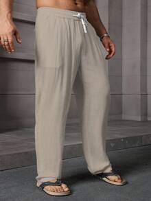 Manfinity RSRT Pantalones de lino con cintura elástica para hombre, otoño - Caqui - Ver 2