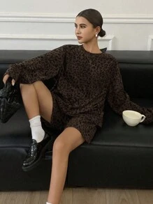 Livesso Bộ đồ mặc nhà mùa Thu/Đông mới, kiểu dáng rộng rãi, thoải mái, họa tiết da báo màu nâu dành cho nữ. - màu nâu - Xem 6