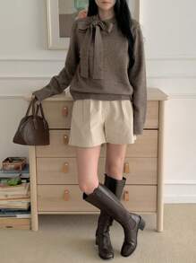 DAZY New Arrival Solid Color Casual Bowknot Knot Decor Women Sweater, Autumn,Fall Women Clothes - Brown - View 8