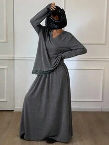 Livesso Set de 2 piezas Conjunto informal y holgado de estilo urbano gris, Conjunto de salón de otoño/invierno para mujeres - Gris - Ver 4