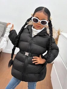 SHEIN Young Girl's Cute Versatile Thermal-Lined Black Padded Coat, Suitable For Autumn/Winter Fall - Black - View 1