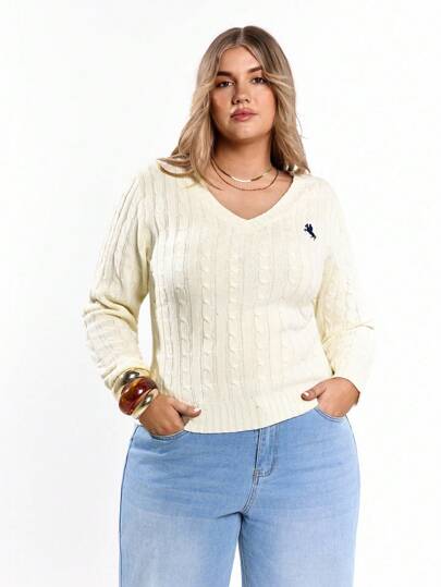 Solavibe 大码休闲刺绣细节修身 V 领毛衣，米色，适合冬季