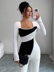 Elenzga Women's Knitted Snake Rib Fabric Square Collar Color Block Design Casual Elegant T-Shirt, Suitable For Commuting, Home, And Daily Wear In Autumn Fall Cloth For Women