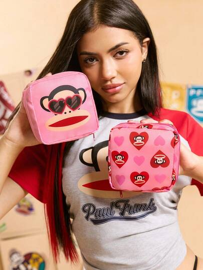 Paul Frank X SHEIN 1pc/Set Cartoon Pattern Printed Polyester Storage Bag, Can Be Used As Feminine Hygiene, Digital, Small Items Storage Bag, Monkey, Heart, , Fashionable