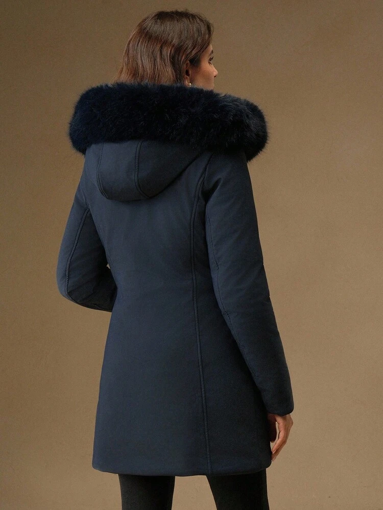 Women's Mid-Length Cinched Waist Hooded Zip-Up Padded Coat