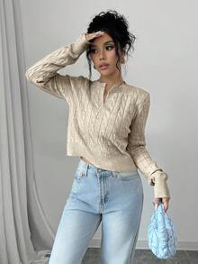 EURMUSE Áo len ngắn cổ chữ V họa tiết cáp xoắn dành cho nữ - Màu be - Xem 5