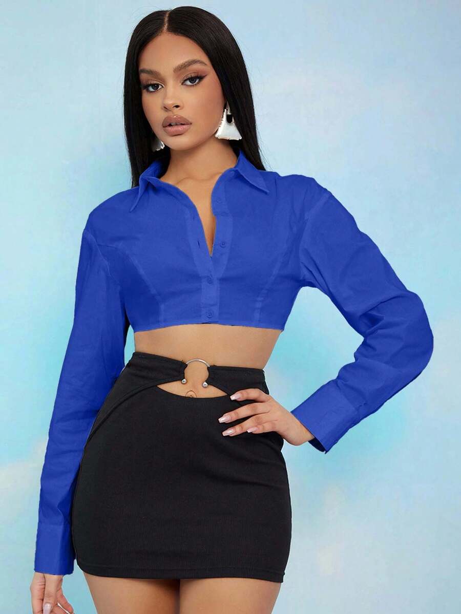 EURMUSE Fashionable Commuter Solid Color Long Sleeve Super Short Shirt - Royal Blue - View 1