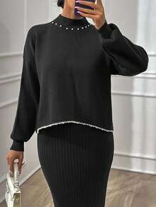 EURMUSE Mujer Suéter de cuello alto con detalles de rhinestone y hombros caídos + Vestido de suéter maxi de punto de cuello en V - Negro - Ver 3