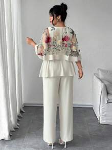 Elenzga Conjunto de dos piezas elegante y casual, formado por una túnica con cuello redondo, empalmado de malla y bordado 3D en talla grande y un mono con cuello redondo, sin mangas y volante en el bajo