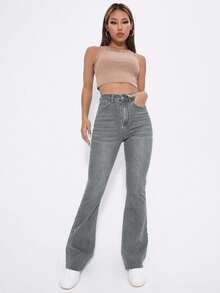 EURMUSE Quần denim ống loe cạp cao đơn sắc, thường ngày đa năng dành cho nữ, mùa hè - Xám - Xem 6