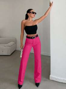 EURMUSE Women's Casual Straight Leg Solid Color Jeans, Suitable For Everyday Wear - Berwarna merah muda - View 4