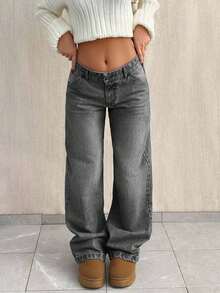 EURMUSE PETITE CASUAL LOW WAIST BAGGY LOOSE STRAIGHT LEG JEAN - Grey - View 7