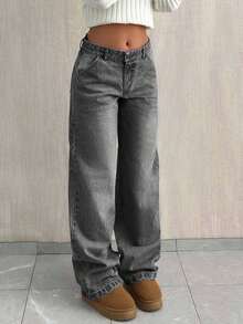 SHEIN Tall TALL CASUAL LOW WAIST BAGGY LOOSE STRAIGHT LEG JEAN - Grey - View 3