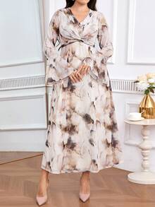 Modelyn Plus Size Color Block V-Neck Flare Sleeve Twist Knot Dress For Women - Multicolor - View 1