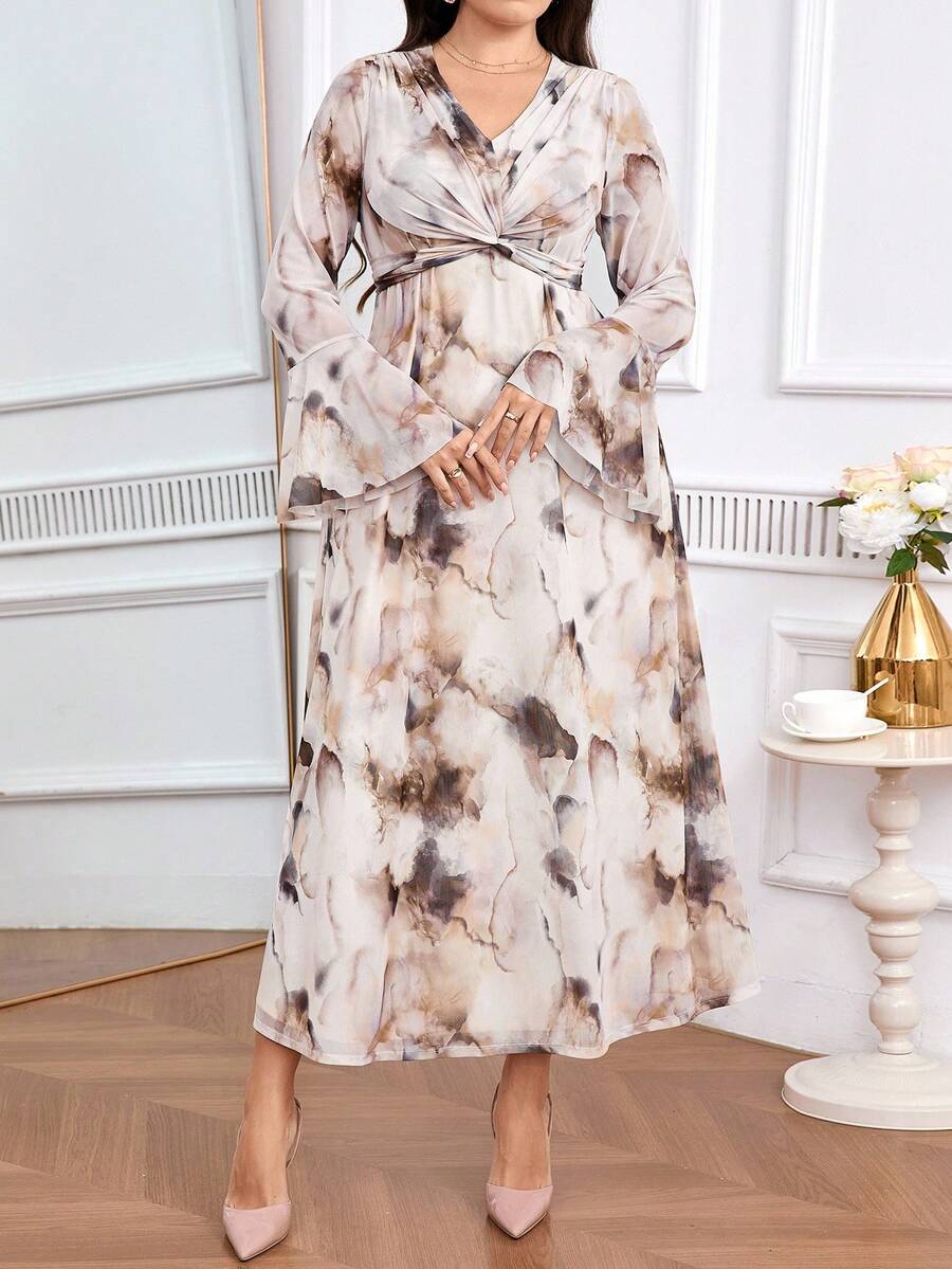 Modelyn Plus Size Color Block V-Neck Flare Sleeve Twist Knot Dress For Women - Multicolor - View 1