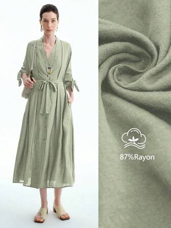 Aalyst Women's Spring/Summer Single Bamboo Knot Linen Dress, Elegant V-Neck Button Down, Loose Fit, Bowknot Waist Tie, Pleated Shoulder, Long Dress, Suitable For Vacation And Office Commute