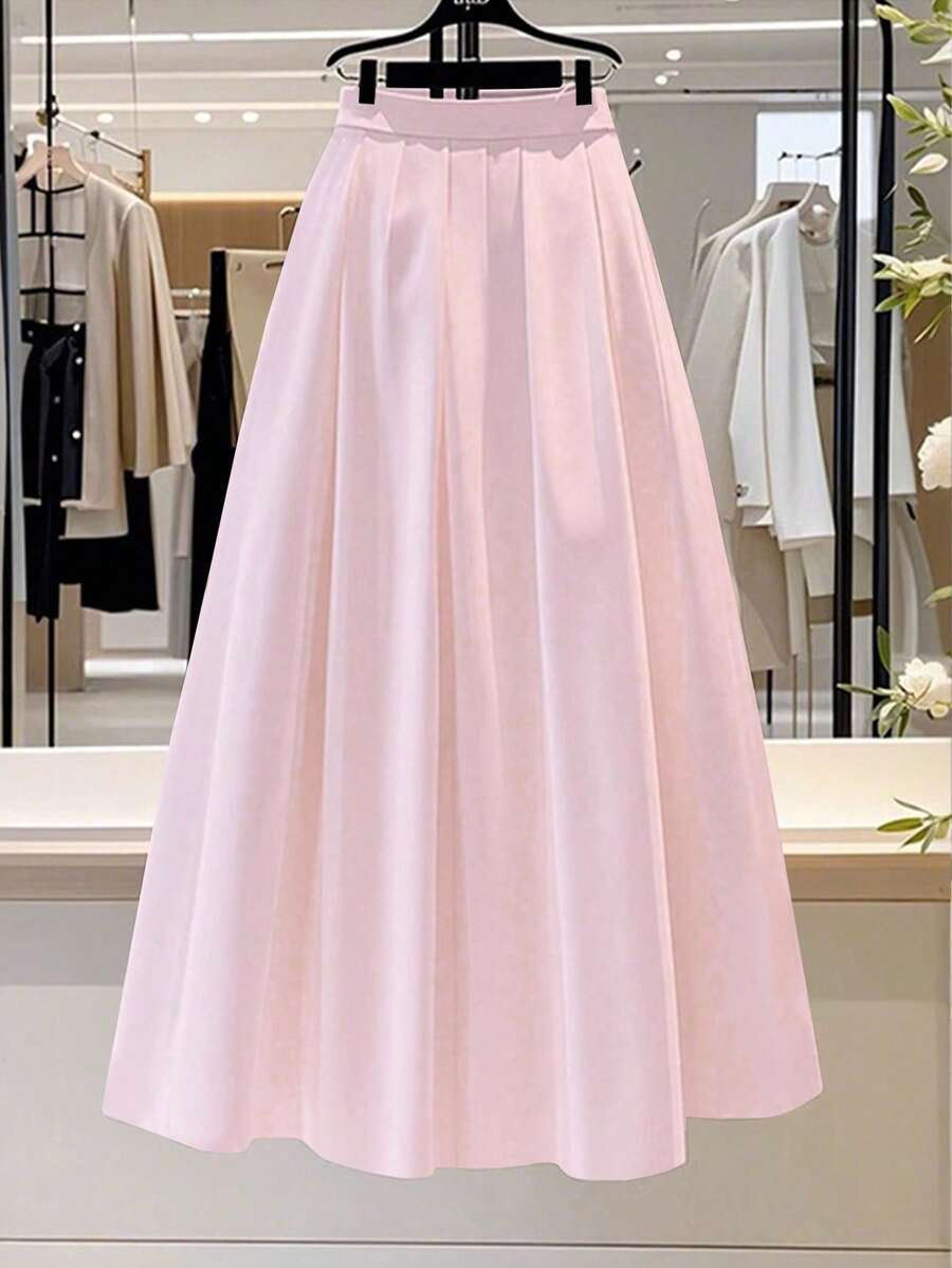 Franclia Women's Solid Color Elegant A-Line Pleated Skirt, Suitable For Commuting - Pink - View 1