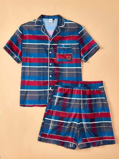 Paul Frank X SHEIN Men's Plaid Pattern Button Front Short Sleeve Top And Shorts Loungewear Set Men Sleepwear