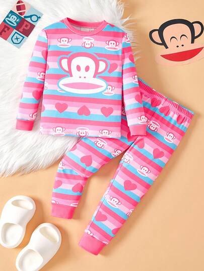Paul Frank X SHEIN 2 pièces/set Top à manches longues col rond et pantalon motif dessin animé jeune fille. Ensemble de pyjamas ajustés