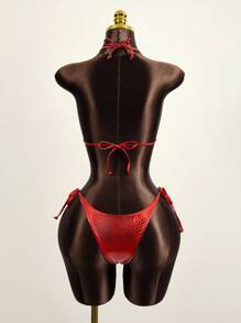 Zestiva Summer Beach Snakeskin Print Halter Bikini Set - Red - View 2
