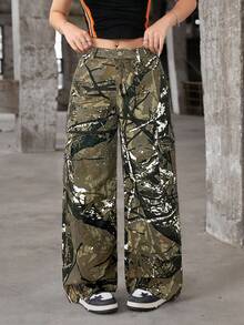 SHEIN Teen Girl Casual Camouflage Pattern Denim Jeans Fall Winter - Multicolor - View 6