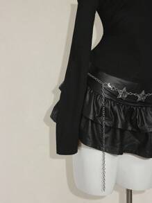 SHEIN ICON One Shoulder Shreeded Back Long Sleeve Jersey Skintight Top Spring, Summer, Holiday, Vacation, Ibiza, Festival, Raves, Cool Girl, Shipwrecked Cutout Top Black Top Goth Top - Black - View 7