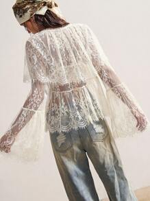 Bohemela Áo cánh tay dài cổ chữ V ren dệt kim màu trơn đơn giản cho nữ - Màu be - Xem 4