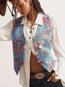 Bohemela Chaleco casual con estampado floral de jacquard, chaqueta bohemia de vacaciones con trenzas para otoño/invierno - Multicolor - Ver 7