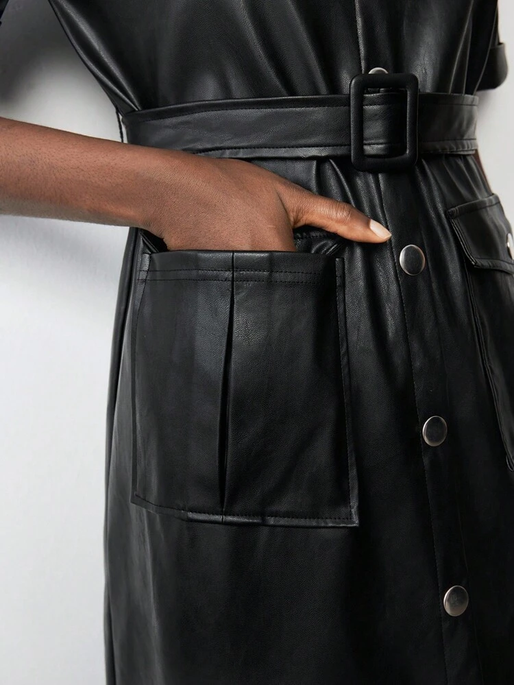 SHEIN Maija 여성용 블랙 PU 소재 드레스, 실버 메탈 버튼 장식, 다용도 모던 도시 패션 올 시즌