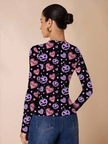 Glamance Sonchs Curiosities Women's Black Long Sleeve Pumpkin Print Tight Fit T-Shirt, Autumn Halloween Shirt Halloween Top Pumpkin Shirt Kawaii Halloween Cute Halloween Shirt Going Out Fall Elegant Top Winter - White - View 2