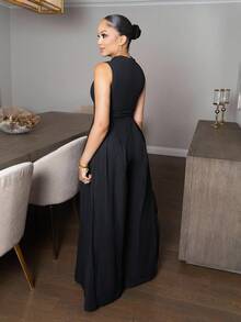 Melissa Matos 超宽腿拉链前无袖连体裤 - 黑色 - 查看 4