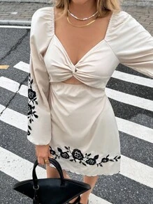 Serisse Women's Floral Embroidery Twist Hollow Out Mini Dress, Fall Women Long Sleeve Dress, Homecoming ,Going Out Tops Women ,Business Casual Woman,Old Money Style Women ,Wedding Guest Dress Women Winter Beach - Apricot - View 8