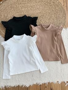 LMoss Kids Set de 3 camisetas casuales de cuello redondo con volantes de unicolor para niña