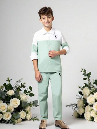 SHEIN 2-delige outfit voor heren (tween boy) - contrasterend overhemd + broek + geen stropdas, geen accessoires. Formeel pak voor verjaardagsfeestjes, bruiloften, jubileums, doopfeesten en diploma-uitreikingen.