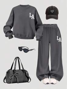 SHEIN Tween Girl 休闲“LA”字母印花针织纯色宽松落肩长袖运动衫和阔腿运动裤套装，女童秋装，女童秋装，女童冬装 - 深灰色 - 查看 8