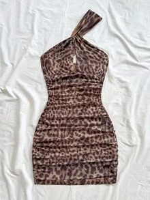 Soleia 女士性感度假不对称褶皱紧身迷你连衣裙，适合派对、圣诞节、约会、夜总会、海滩、游轮、下午茶、波西米亚风、波西米亚风、度假、秋季 - 棕色 - 查看 6